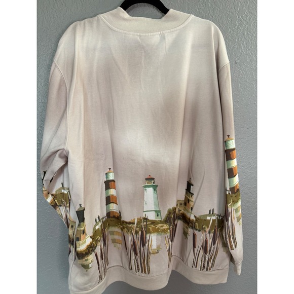 VTG Blair Fleece Sweatshirt Cardigan 2XL Tan Lighthouse Coastal Grandma Oversize - Picture 8 of 9